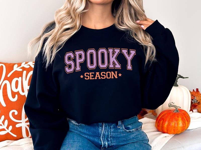 Spooky Season Halloween Sweatshirt in Navy Blue with Orange & Pink Varsity Lettering T-Shirts, Hoodie | DripVista.com