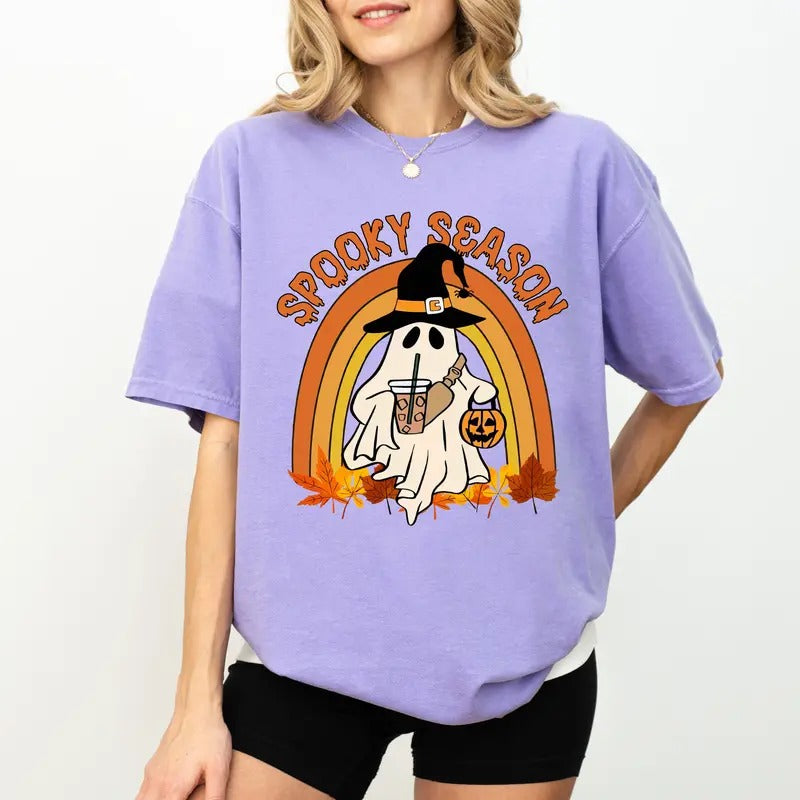 Spooky Season Tee, Fall Halloween Graphic T-shirt, Vintage Halloween Unhinged Shirt, Spooky Vibes Tee, Cute Ghost Halloween Shirt, Fall Vibes Shirt, Comfy Fabric Graphic Tee, Women's Tops, Womenswear, Cotton Fabric Relaxed Fit Chic Style