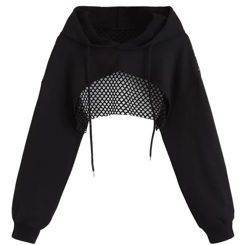 Sports Cropped Sweatshirt Hollow Out Crop Tops Drop Shoulder Drawstring Pullover Cropped T-Shirts, Hoodie | DripVista.com