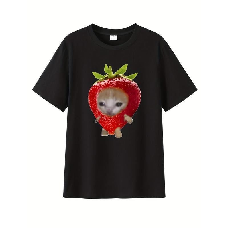[100% Cotton] Cute Strawberry Cat Pattern T-shirt-Casual Summer Style, round Neck, Pure Cotton, Rib Detail, Light...