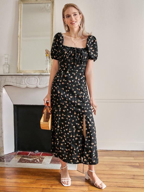 Square Neck Floral Split Thigh Puff Short Sleeve Long Boho Dresses T-Shirts, Hoodie, Sweatshirt | DripVista.com
