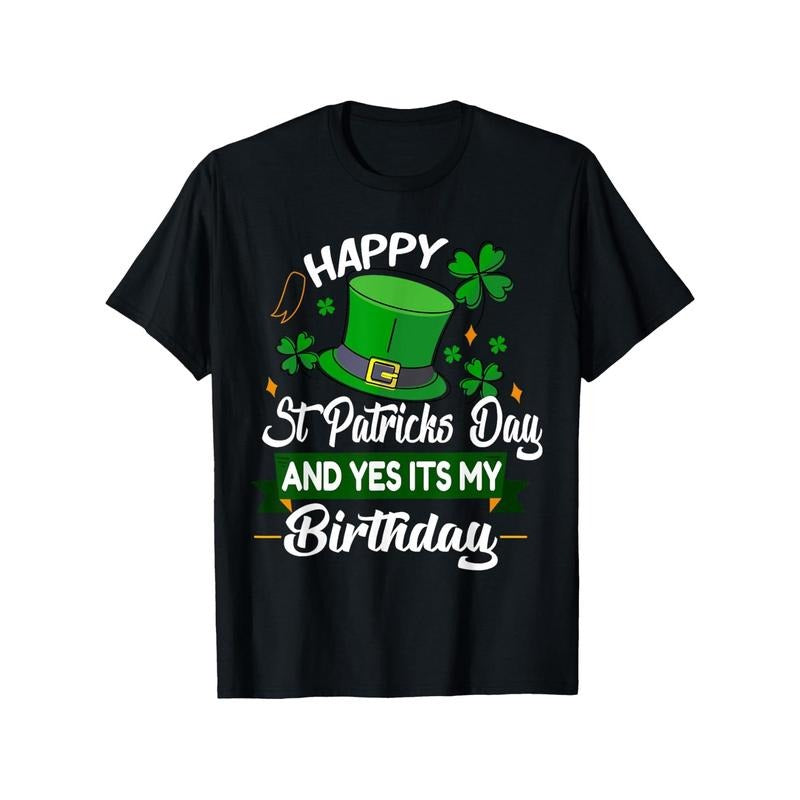 St. Patrick's Day Birthday T-Shirt, 100% Cotton Crew Neck Tee, Geometric Pattern, Short Sleeve, Regular Fit, All-Season Casual Wear for Men & Women, Sizes S-XXXL made in usa