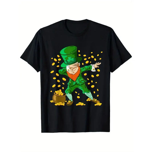 St. Patrick's Day Dabbing Leprechaun T-Shirt for Men, Women, and Youngsters – Fun Graphic Tee with Cartoon Dance Design, Soft Cotton Fabric, Short Sleeve, Casual Fit, Machine Washable, Casual Wear | Cartoon Leprechaun Print | Comfortable Fit made in usa