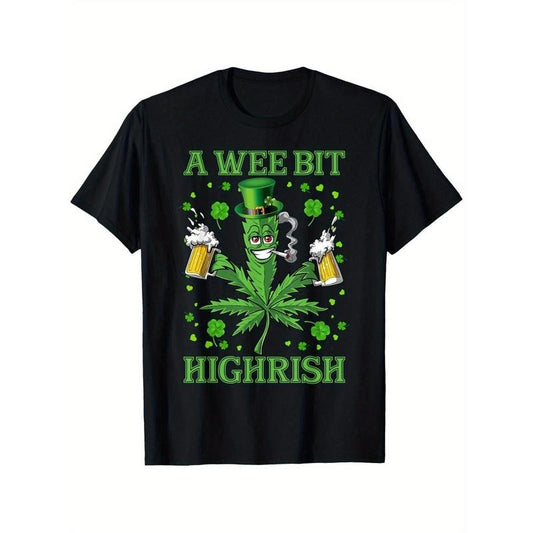 St. Patrick's Day Cotton T-Shirt, 100% Knit Fabric, Casual Crew Neck, Short Sleeve, Regular Fit, All-Season, Adult - "A Wee Bit Highrish" Printed Tee for Men, Holiday Casual Wear | Humorous Graphic Tee | Cotton Fabric Made in USA