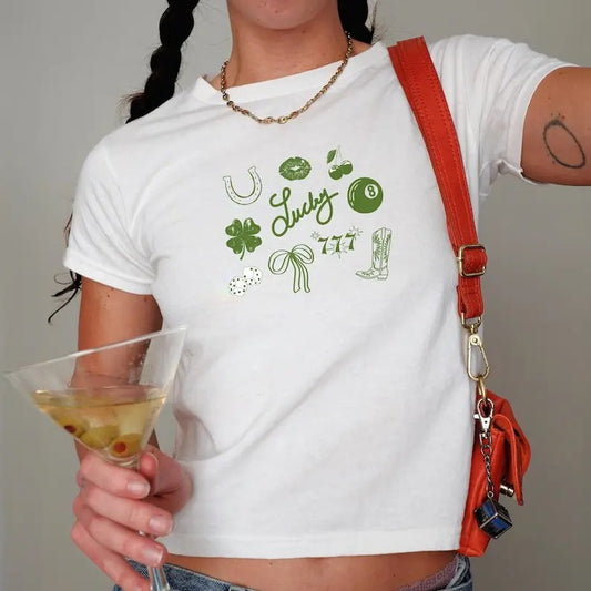 St Patrick's Day Baby Tee, Y2k Cropped T-Shirt, Trendy St Patty's Day Shirt, Green Lucky Women's Shirt, Day Drinking Top