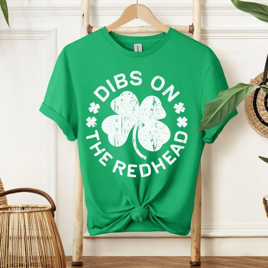 St Patrick's Day Tee, Dibs On The Redhead Unisex Tee Shirt Funny St Patty Day Shirt, Green St Paddy Shirt Luck of Irish Day Womenswear, Menwear