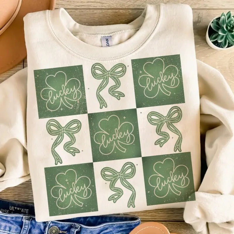 St Patricks Coquette Bow Collage Trendy Sweatshirt Oversized Fit Loose-Fitting Casual Top - Comfort, Womenswear, Long Sleeve Top