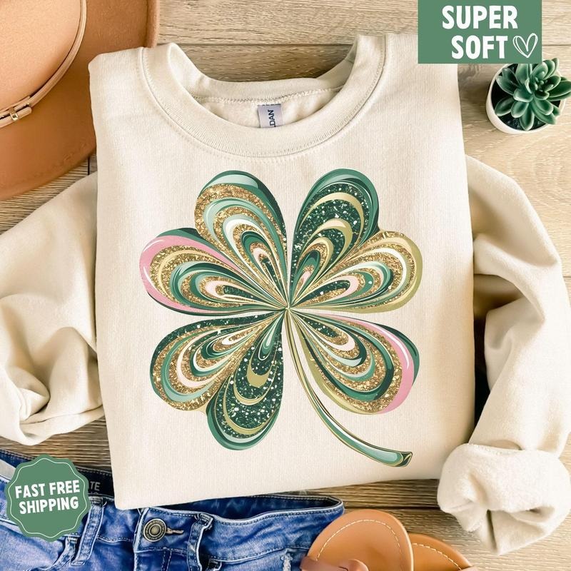 St Patricks Day Shamrock Sweatshirt, Four Leaf Clover Shirt, St. Patrick's Day Glitter Shamrock Shirt, Trendy St...