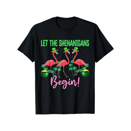 [St Patricks Day T-Shirt] St Patricks Day Unisex Cotton Let The Shenanigan Begin Flamingo Leprechaun T-Shirt, 100% Cotton, S-XXXL, Slight Stretch, Slightly Elastic, Short Sleeve, Round Neck, Outdoor, Casual Made in USA