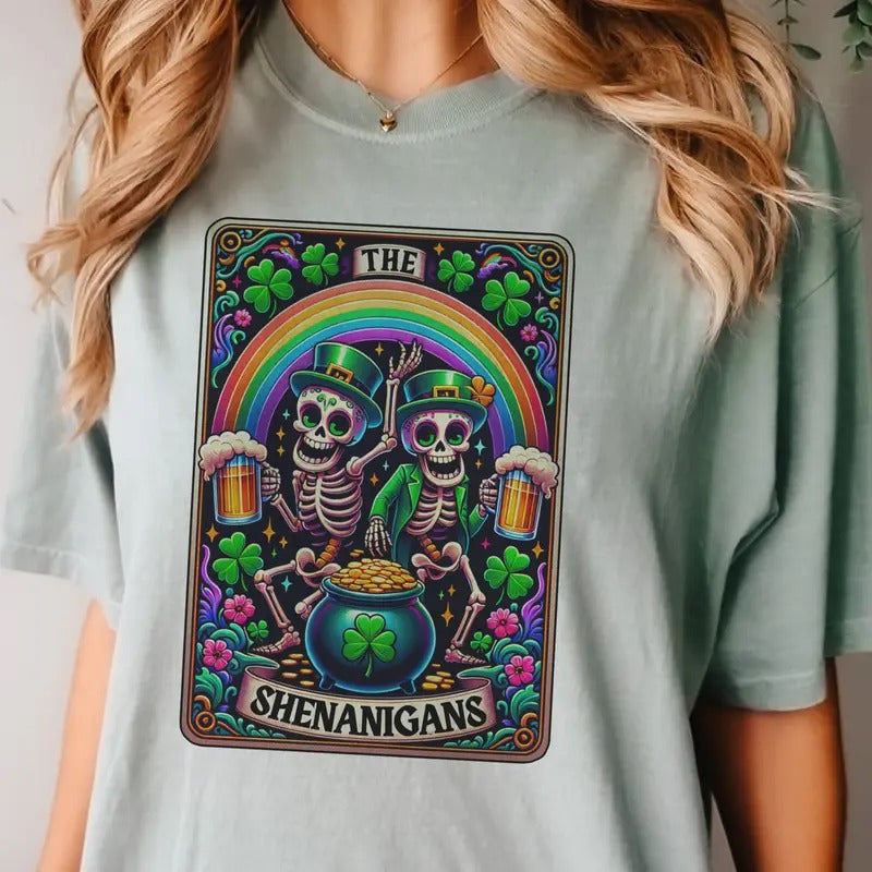 St. Patricks The Shenanigans Tarot Graphic Tee St. Pattys Skeleton Tshirt Clover Skull Rocker St. Patricks Top Unisex...