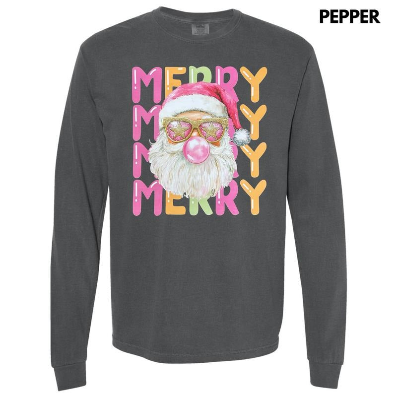 Stacked Merry Retro Santa Long Sleeve Comfort Colors T-Shirt Hoodie, Sweatshirt | DripVista.com