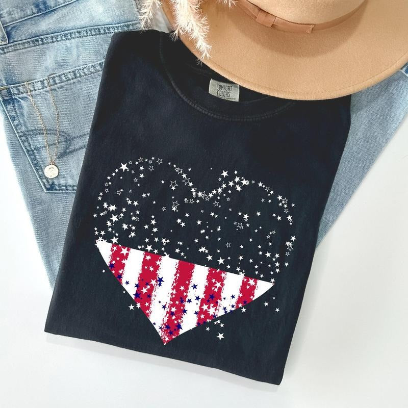 Star Hearts, Red White Blue, Patriotic, 4th of July Tshirt, Women's Crew Neck, Crewneck Hoodie, Sweatshirt | DripVista.com