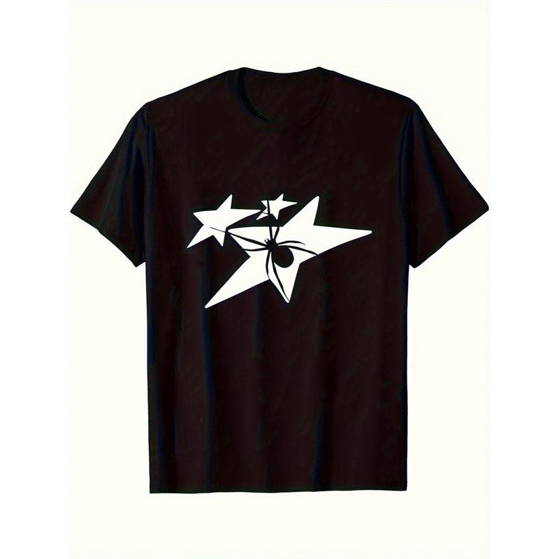 Star print T-shirt, men's casual style, summer and autumn micro-elastic round neck, new trend American personality design...
