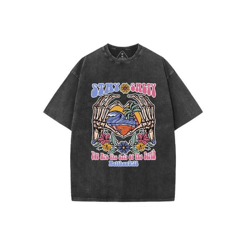 Stay Salty Christian Washed T-Shirt Pure Cotton Fabric Casual Streetstyle Crew Neck Short Sleeve Soft-Washed T-Shirt Trendy Tops for Women for Men, Perfect Gift