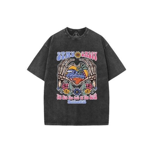 Stay Salty Christian Washed T-Shirt Pure Cotton Fabric Casual Streetstyle Crew Neck Short Sleeve Soft-Washed T-Shirt Trendy Tops for Women for Men, Perfect Gift