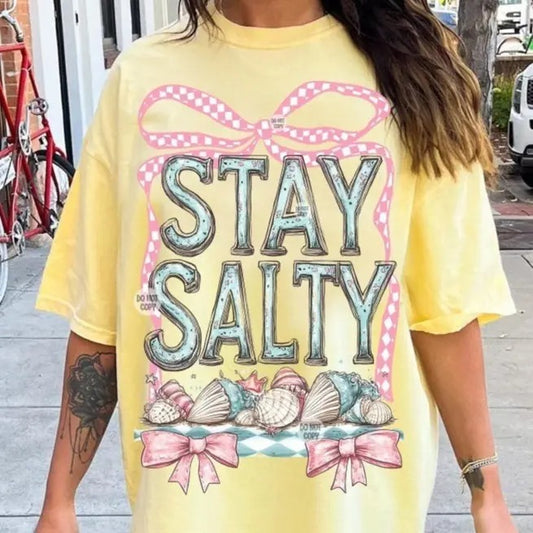 Stay Salty Coastal Beach Shirt, Seashell Aesthetic Checkered Bow Tee, Boho Trendy Summer Vibes Gift Comfort Cotton Top Womenswear