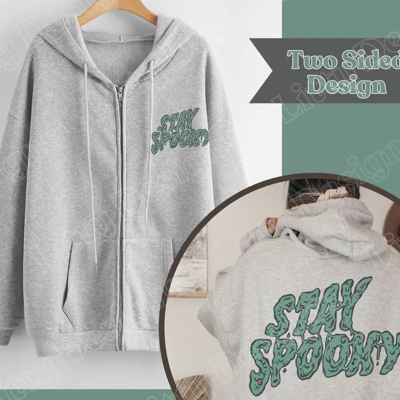 Stay Spooky Halloween Hoodie, Two Sided Design with 2 Color Options, Zip Up Sweatshirt Halloween Apparel, Oversized Halloween Sweatshirt with Zombie Design