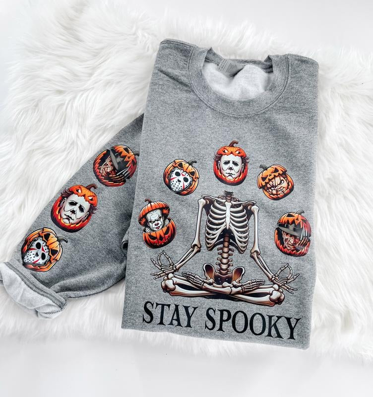 Stay Spooky Halloween Horror Skeleton Sweatshirt or Hoodie with sleeve prints Comfy Unisex Tops T-Shirts | DripVista.com
