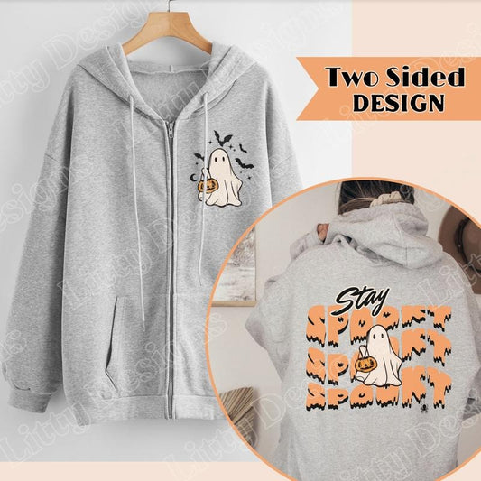 Stay Spooky Sweatshirt for Fall, Cute Ghost Halloween Zip Up Hoodie, Front and Back Design with Two Color Options,  Fall Sweatshirts for Women, Stay Spooky Sweater spooky sweatshirt Comfort Fit