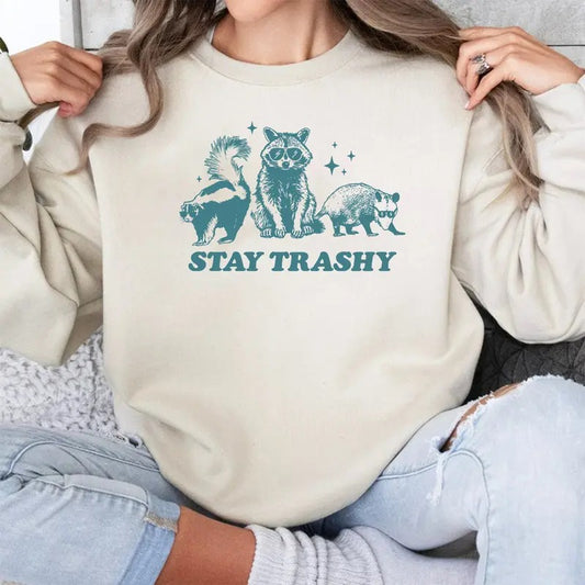 Stay Trashy Funny Meme Graphic Sweatshirt, Meme T-Shirt, Vintage Raccoon Opossum Skunk Shirt, Nostalgia Shirt, Funny Raccoon Shirt