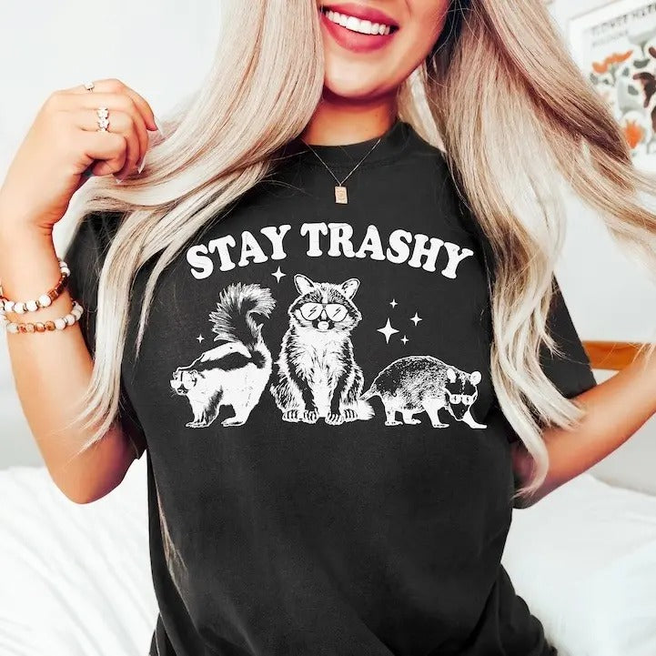 Stay Trashy Shirt, Retro Funny Graphic Tees, Racoon Shirt, Meme Graphic T-Shirt, Raccoon Lover Gift, Funny Graphic Shirt,...