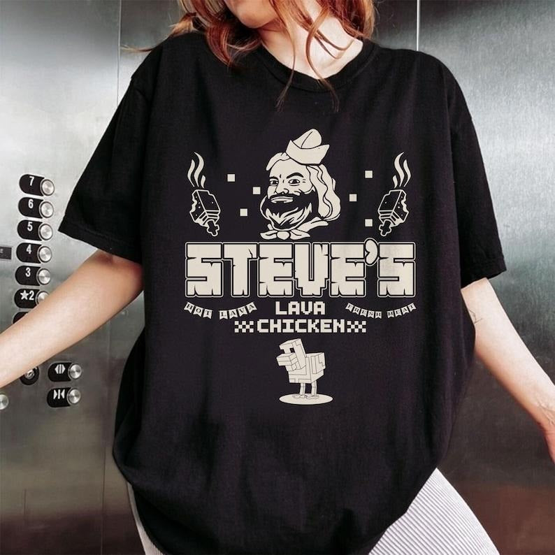 Steves Lava Chicken Restaurant Graphic Tee, Minecraft Movie Gift For Videogames Fans, Hot Lava Chicken Shirt, Bold Restaurant Shirt Casual