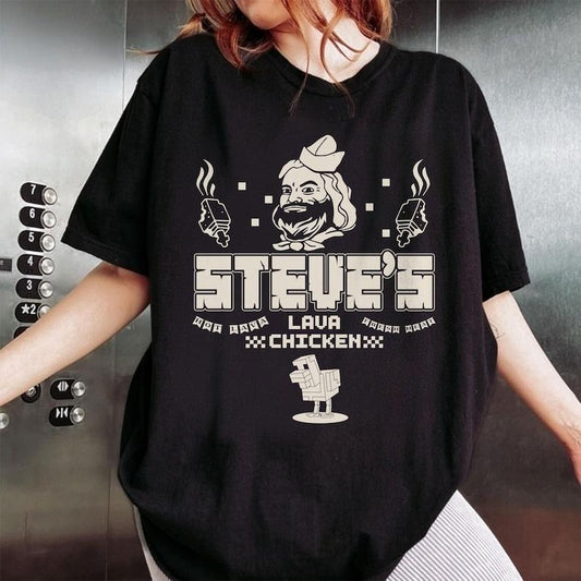 Steves Lava Chicken Restaurant Graphic Tee, Minecraft Movie Gift For Videogames Fans, Hot Lava Chicken Shirt, Bold Restaurant Shirt Casual