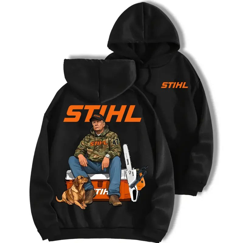 Stihl Trump Hoodie , Camo Workwear Sweater, Trump with Chainsaw Graphic Tee