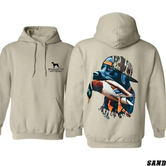 Straight Up Southern Hoodie - Sweatshirt- Tshirt, Bold Black Hunting Dog With Duck Shirt, Perfect for Outdoorsmen And Waterfowl Hunters, All Sizes, For Men, For Women Classic Menswear