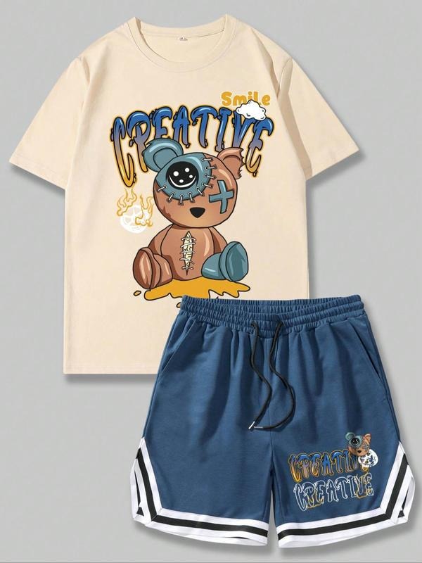 Straw hat pirates Set Men'WB shield Cartoon Bear Print Short Sleeve Crop Tee & Shorts Set, Regular Fit Casual Round Neck...