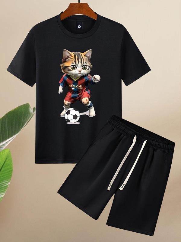 Straw hat pirates Set Men'WB shield Cartoon Cat Print Tee & Drawstring Pocket Shorts Set, Regular Fit Casual Short Sleeve...