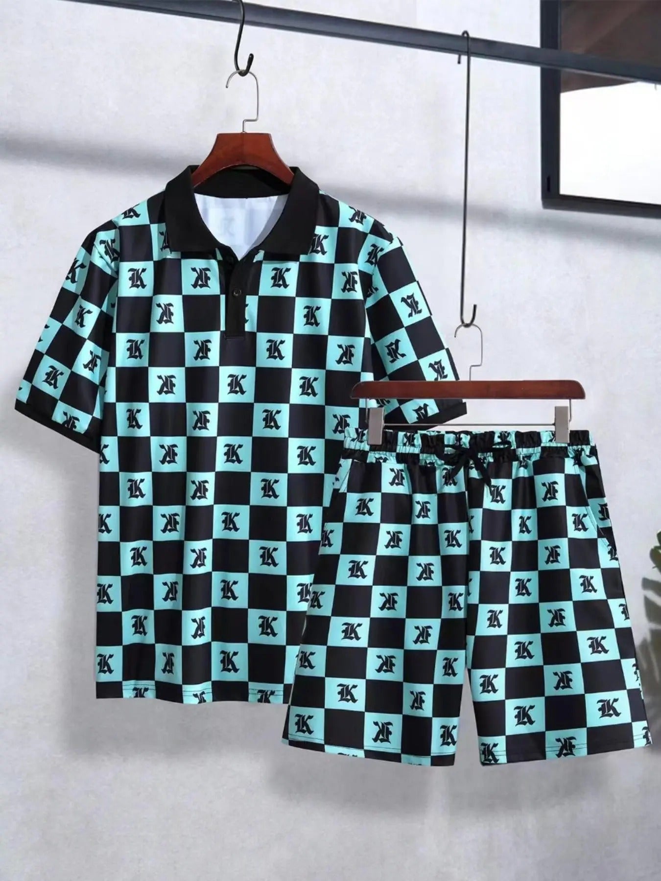 Straw hat pirates Set Men'WB shield Checkerboard Print Polo Shirt & Drawstring Waist Shorts, Regular Fit Short Sleeve...