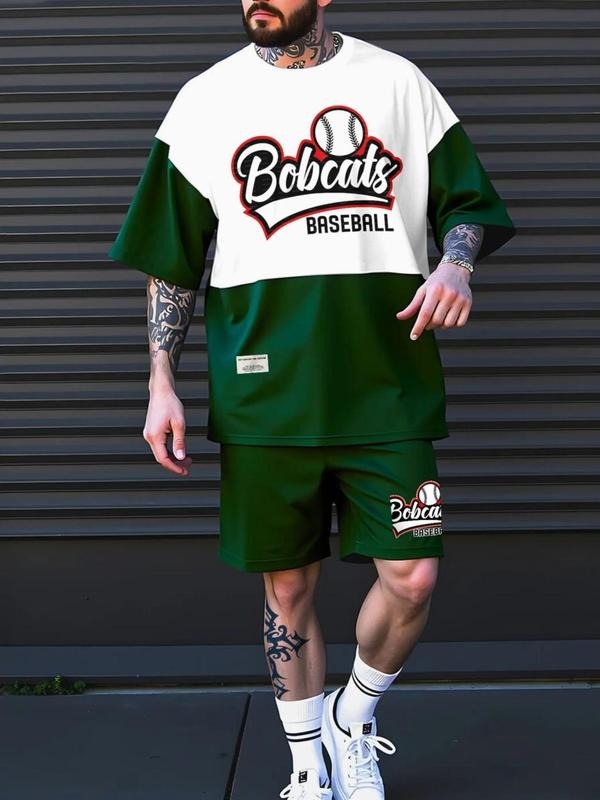 Straw hat pirates Set Men'WB shield Colorblock Letter Embroidery Short Sleeve Tee & Patchwork Shorts, Regular Fit Casual...