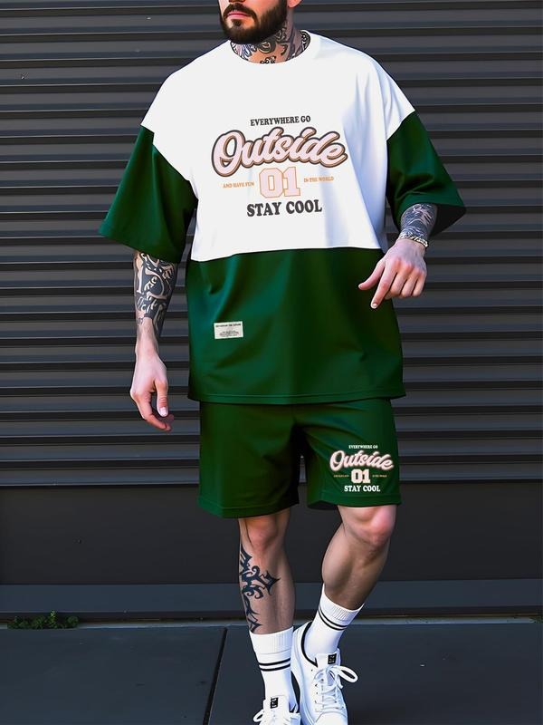 Straw hat pirates Set Men'WB shield Colorblock Letter Patched Short Sleeve Tee & Patchwork Shorts, Regular Fit Casual...