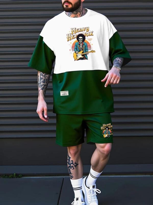 Straw hat pirates Set Men'WB shield Colorblock Letter Patched Short Sleeve Tee & Shorts, Regular Fit Casual Round Neck...
