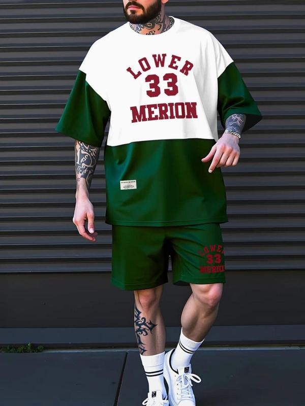 Straw hat pirates Set Men'WB shield Colorblock Letter Patched Short Sleeve Tee & Shorts, Regular Fit Casual Round Neck...