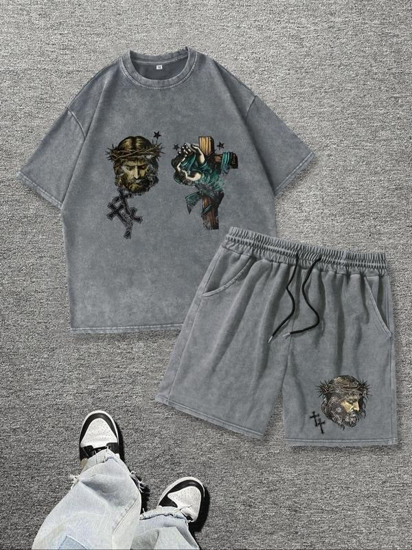 Straw hat pirates Set Men'WB shield Jesus Print Short Sleeve Tee & Shorts, Regular Fit Casual Round Neck T-shirt & Track...