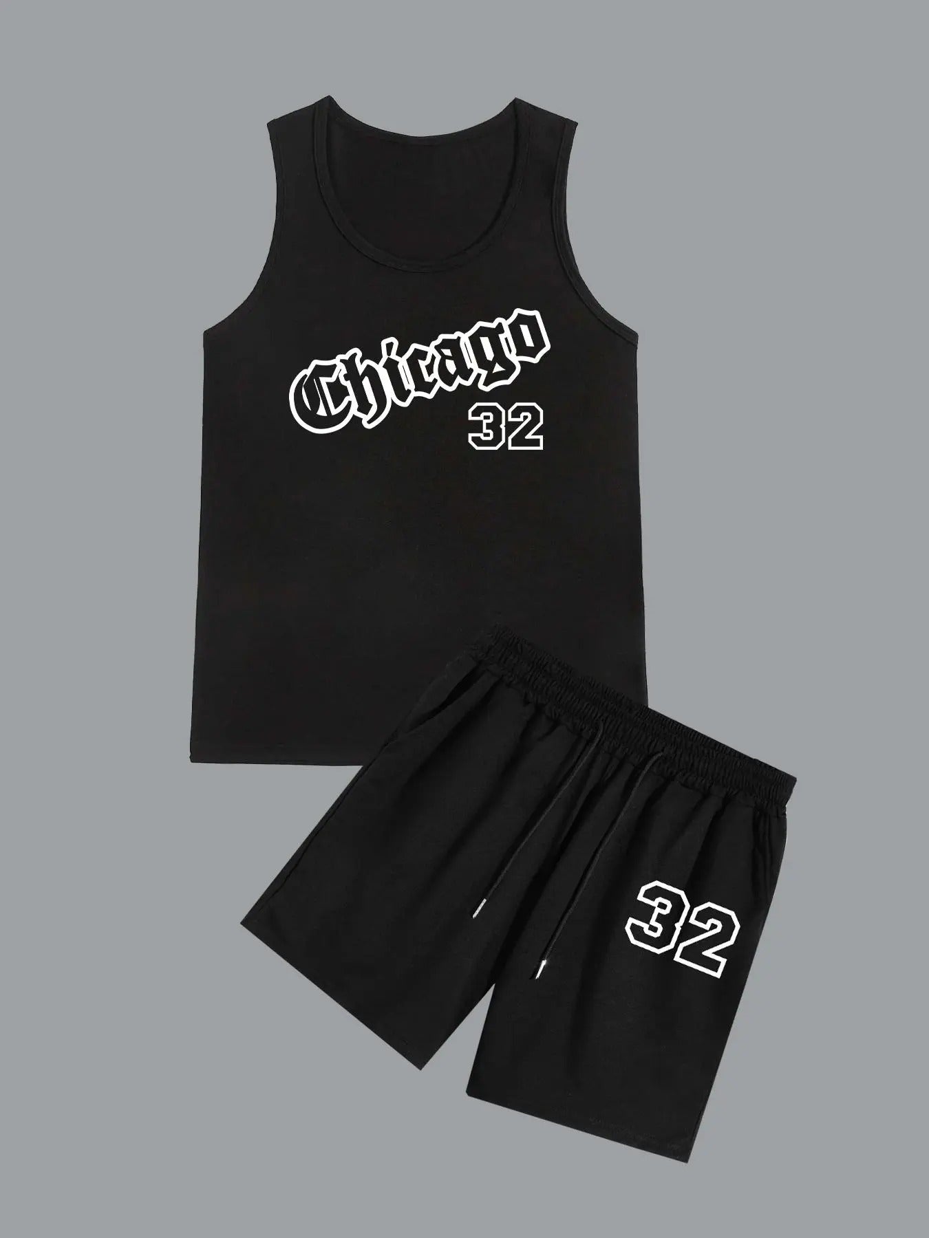 Straw hat pirates Set Men'WB shield Letter & Number Print Tank Top & Drawstring Waist Shorts Set, Loose Sleeveless Round...