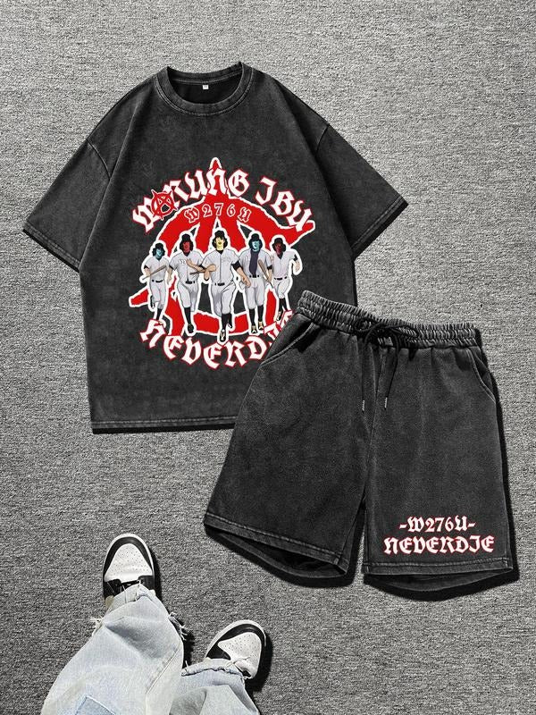 Straw hat pirates Set Men'WB shield Letter Print Short Sleeve T-shirt & Shorts, Regular Fit Round Neck Tee & Shorts,...