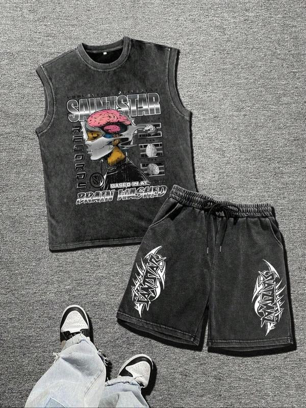 Straw hat pirates Set Men'WB shield Letter Print Tank Top & Shorts Set, Regular Fit Casual Vintage Sleeveless Top &...