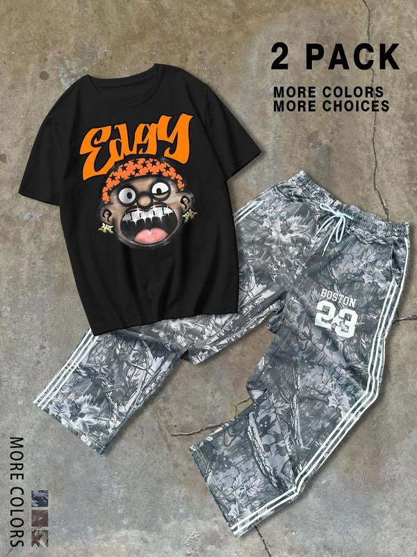 Straw hat pirates Set Men'WB shield Letter Print Tee & Camo Print Shorts, Loose Casual Fashion Cozy Round Neck Short...