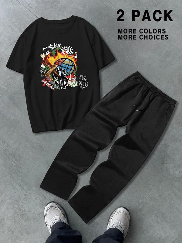 Straw hat pirates Set Men'WB shield Letter Print Tee & Pants, Loose Casual Fashion Cozy Round Neck Short Sleeve T-shirt & Trousers for Daily Outdoor Wear, Men'WB shield for Summer