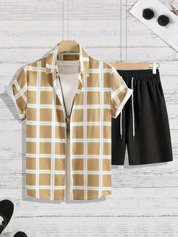 Straw hat pirates Set Men'WB shield Plaid Print Button Front Shirt & Solid Drawstring Shorts Set, Regular Fit Casual...