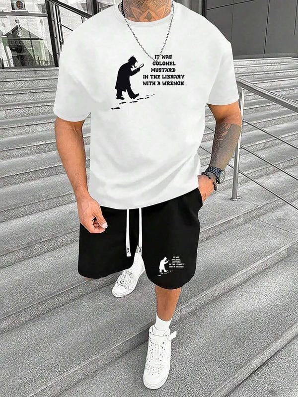 Straw hat pirates Set Men'WB shield Regular Fit Skeleton Print Short Sleeve Tee & Graphic Print Shorts, Casual Round Neck T-shirt & Track Shorts, Summer TNF Set for Men