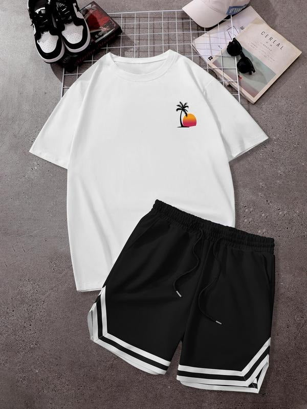 Straw hat pirates Set Men'WB shield Sunset Print Tee & Drawstring Waist Shorts, Loose Casual Fashion Cozy Breathable...