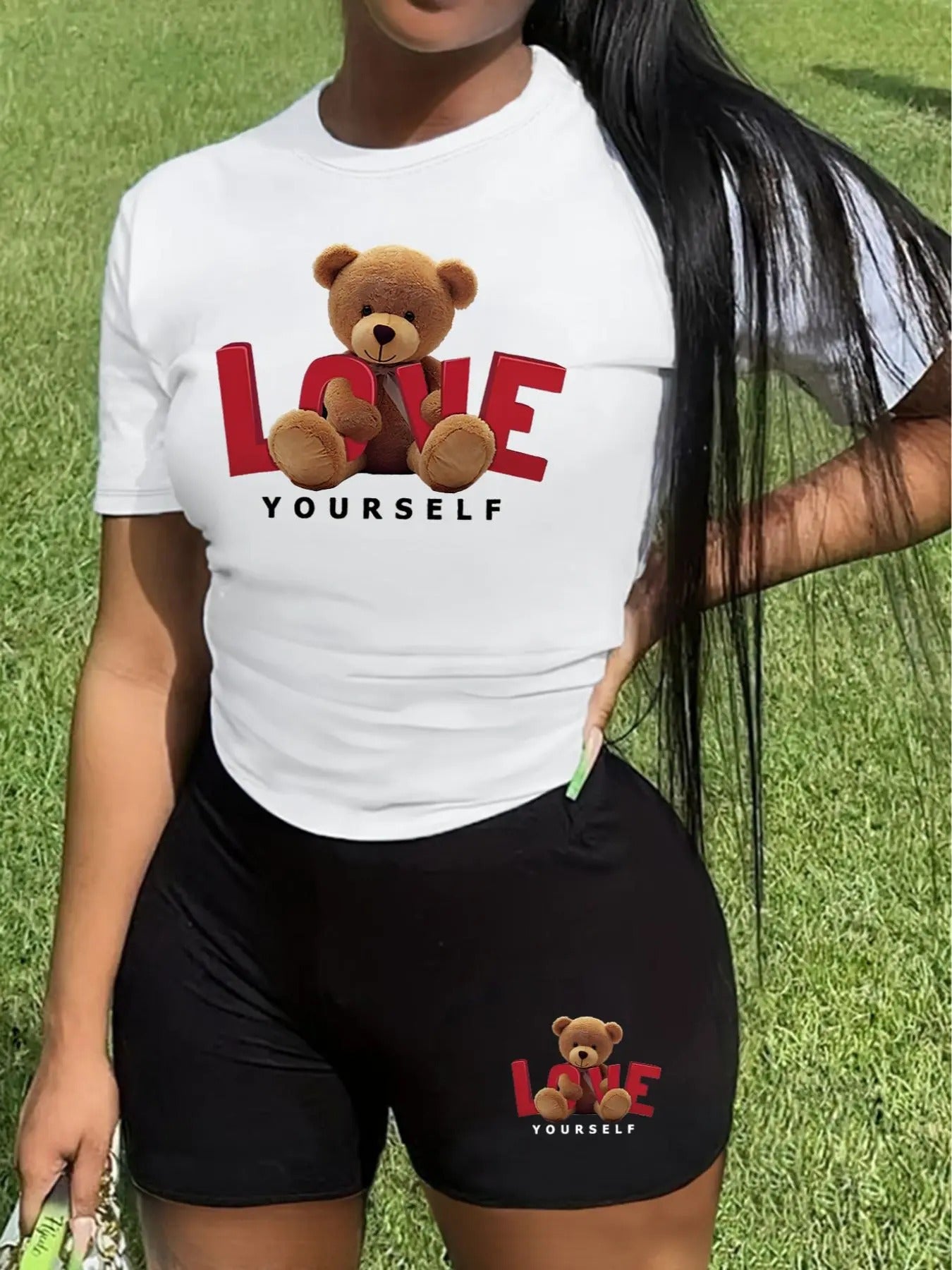 Straw hat pirates Set Women'WB shield Cartoon Bear Letter Print Short Sleeve T-shirt & Skinny Shorts Set, Casual 2 Straw...