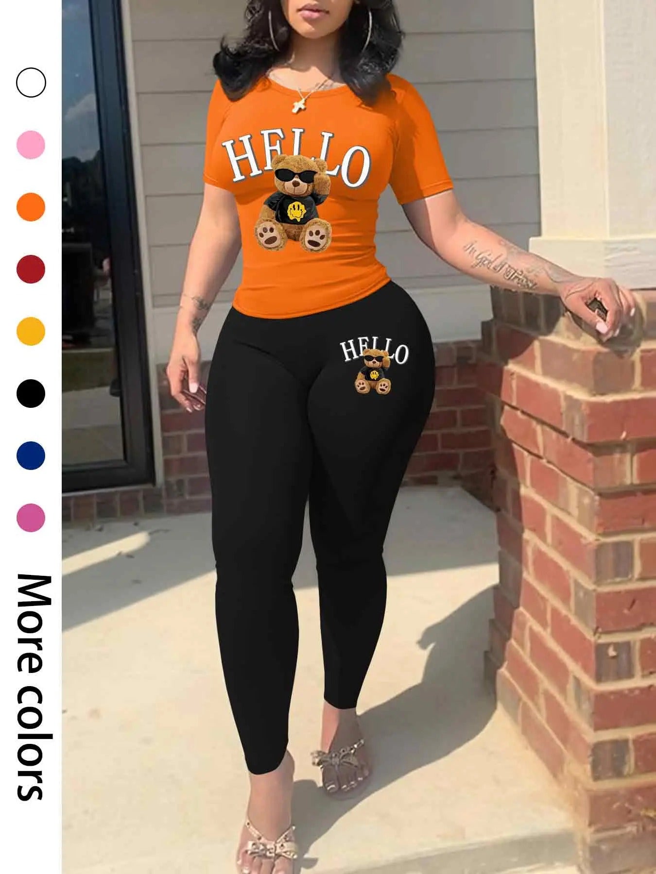Straw hat pirates Set Women'WB shield Cartoon Bear Print Short Sleeve Tee & Elastic Waist Pants, Casual Round Neck...