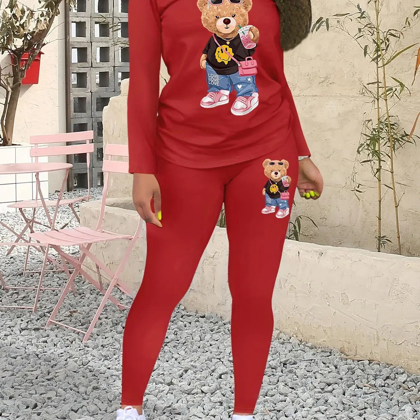 Straw hat pirates Set Women'WB shield Cartoon Bear Print Tee & Elastic Waist Pants, Casual Fashion Cozy Round Neck Long Sleeve Top & Skinny Trousers for Daily Outdoor Wear, Women'WB shield Clothing for Fall & Winter