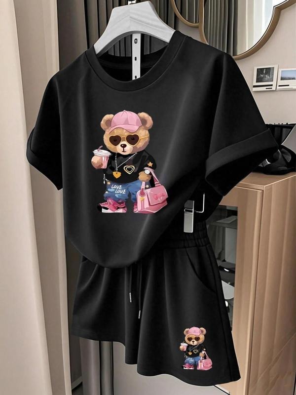 Straw hat pirates Set Women'WB shield Cartoon Bear Print Tee & Shorts Set, Casual Fashion Cozy Round Neck Short Sleeve T-shirt & Shorts, Ladies Straw hat pirates Outfits for Daily Wear, TNF