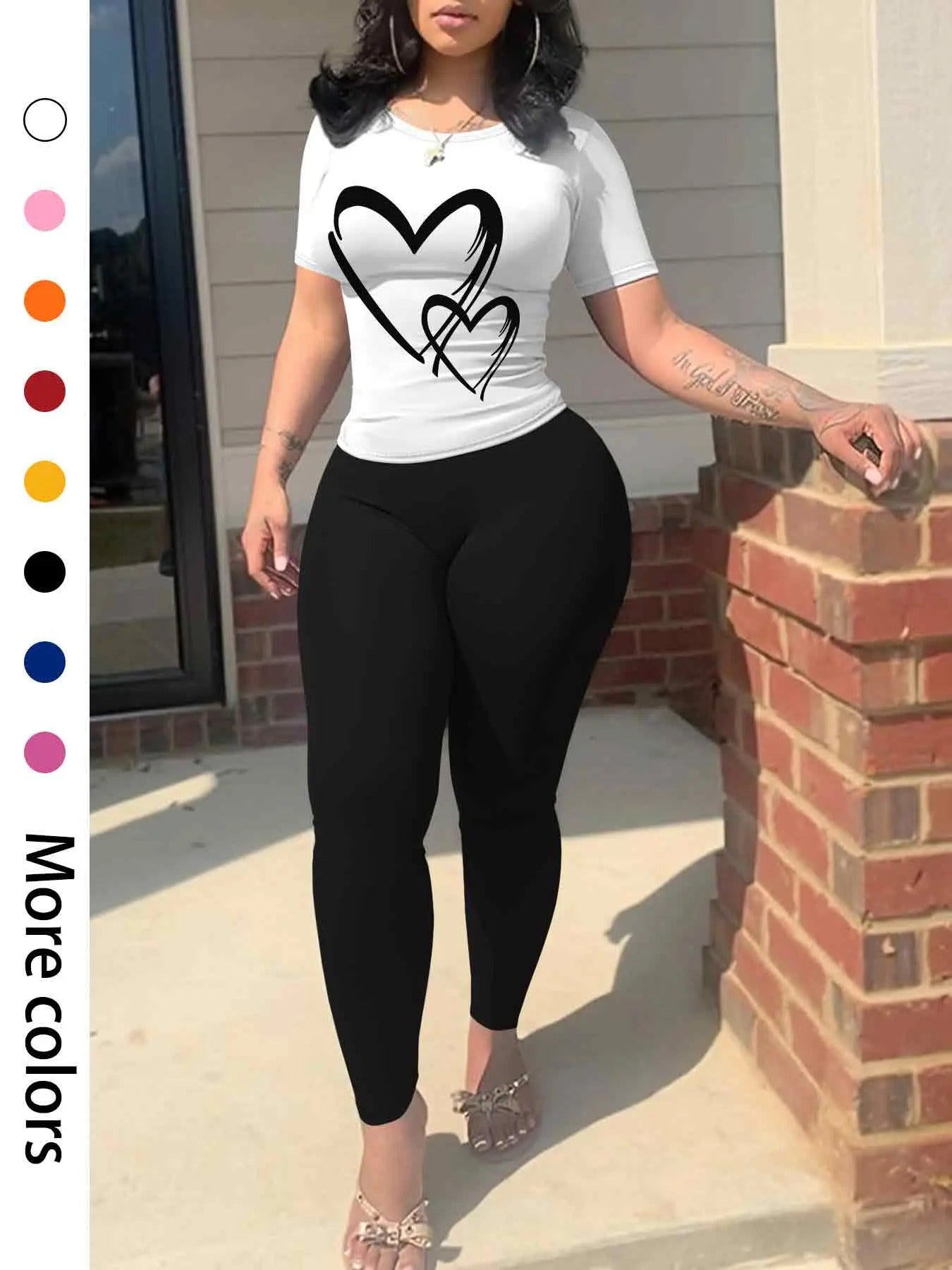 Straw hat pirates Set Women'WB shield Heart Print Short Sleeve T-shirt & Elastic Waist Skinny Pants, Casual Round Neck...